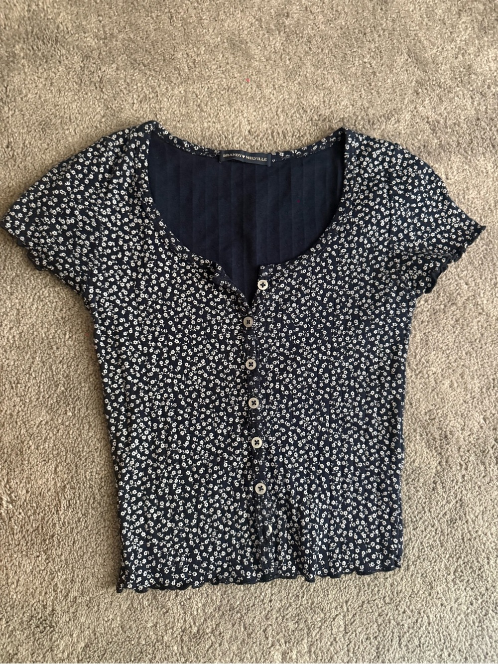 Brandy Melville Navy and White Floral Button-Up Top